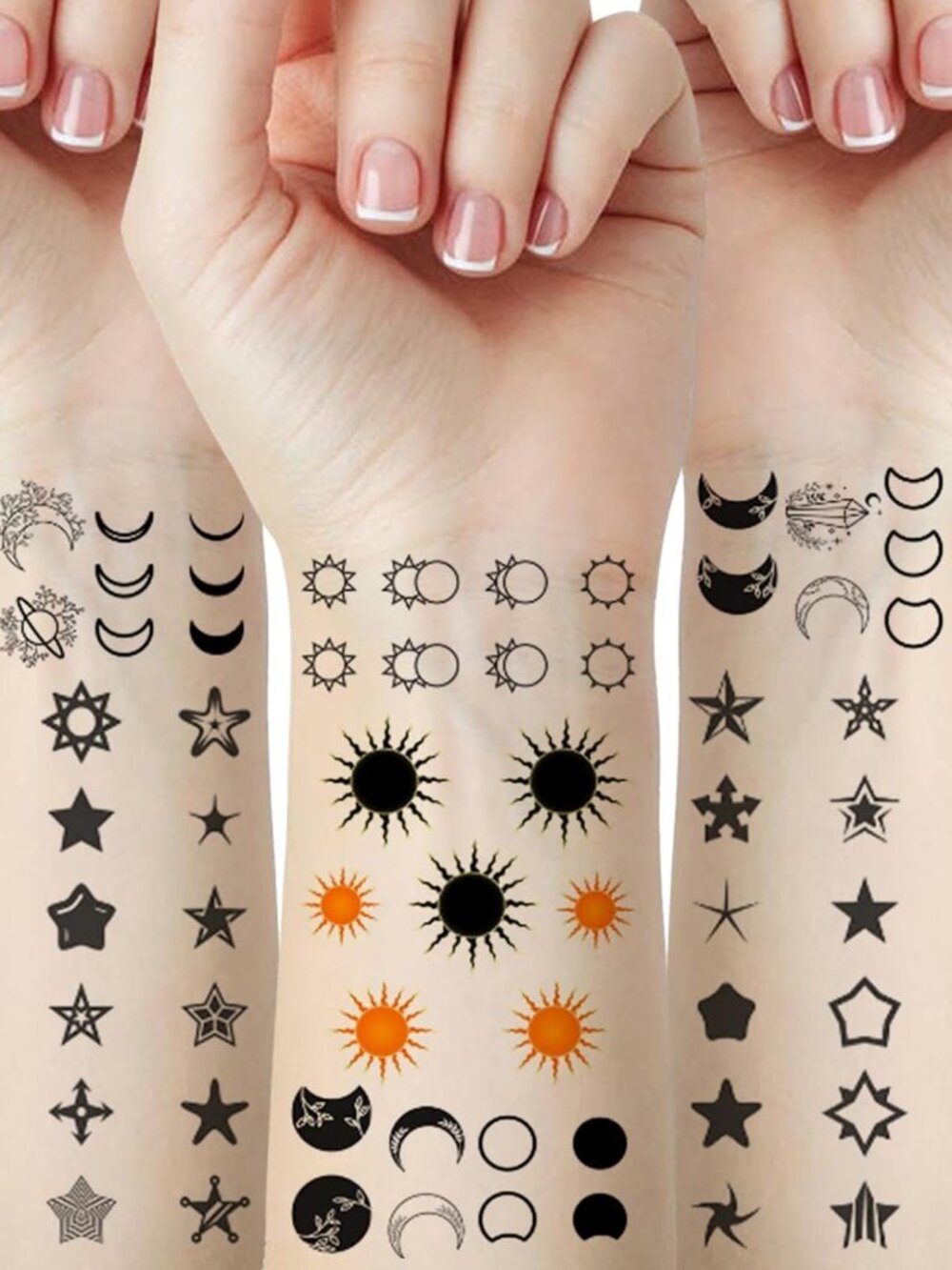 7 Sheets Celestial Tattoos. Sun Moon Star Temporary Tattoo Stickers.